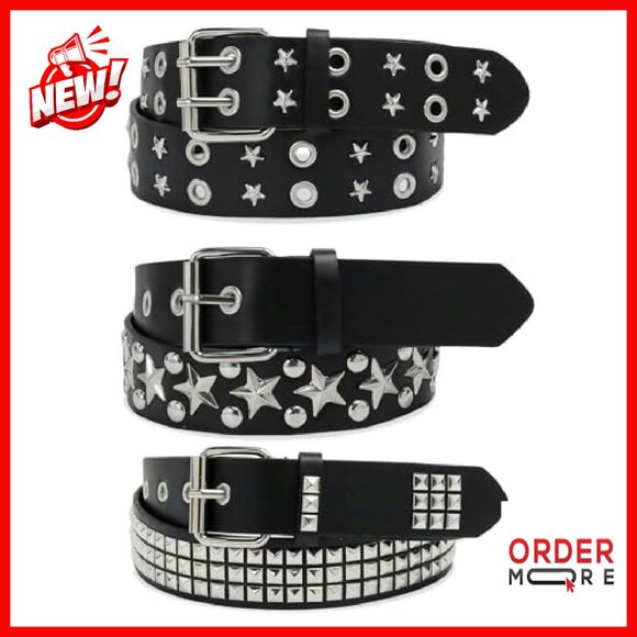 Studded Belt Set 3 Pcs Faux Leather Punk Gothic Star Design Unisex - Picture 2 of 7